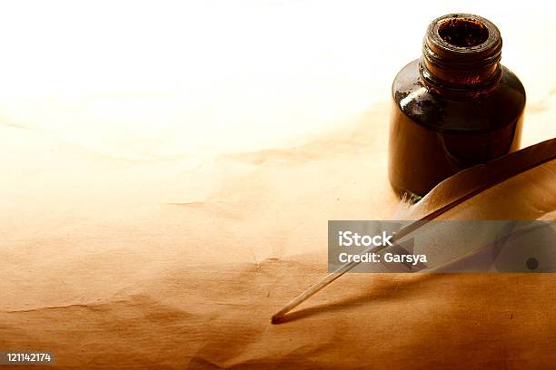 Feather And Ink Bottle Stock Photo - Download Image Now - Black Color, Bottle, Brown