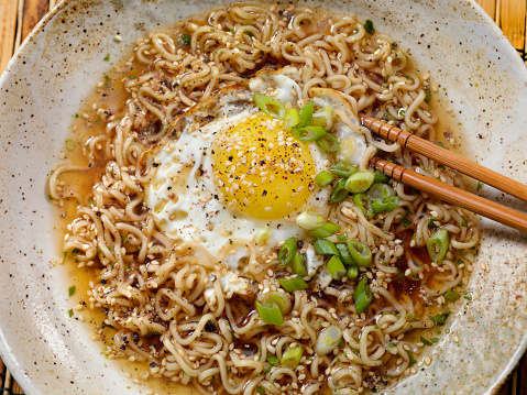 Ramen Soup with Fried Egg, Green Onions and Sesame Seeds