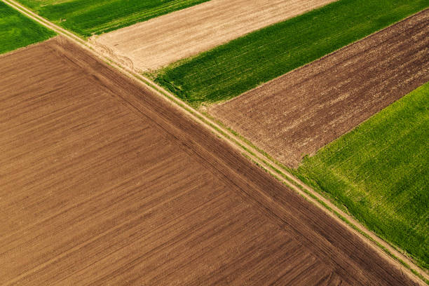 istock Aerial view of countryside agricultural fields patchwork 1211425190