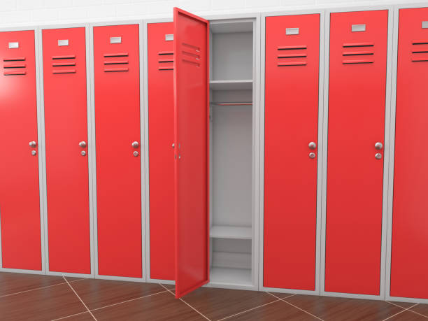 istock Red gym lockers. 3d rendering illustration 1211425387