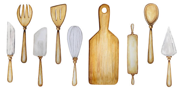 손으로 그린 나무 부엌 액세서리 흰색 배경에 고립 된 수채화 그림을 굽기위한 큰 세트. 그것은 요리 시간입니다. 베이킹 도구 숟가락, 주걱, 포크, 반죽, 칼, 보드 롤링 핀 - rolling fork stock illustrations
