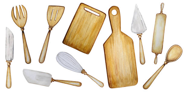 手繪木制廚房配件設置烘焙水彩插圖隔離在白色背景。烹飪時間海報，橫幅概念。工具勺子， 鏟子， 叉， 滾動銷， 刀， 板 - rolling fork 幅插畫檔、美工圖案、卡通及圖標
