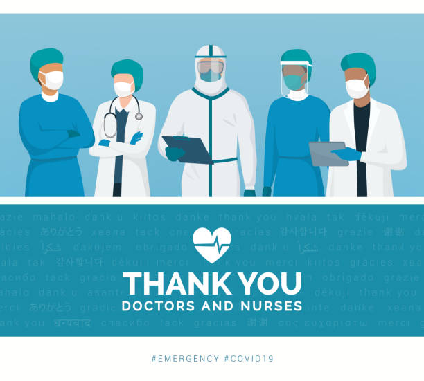 Thank you doctors and nurses Thank you doctors and nurses working in the hospitals and fighting the coronavirus, vector illustration protective mask workwear stock illustrations