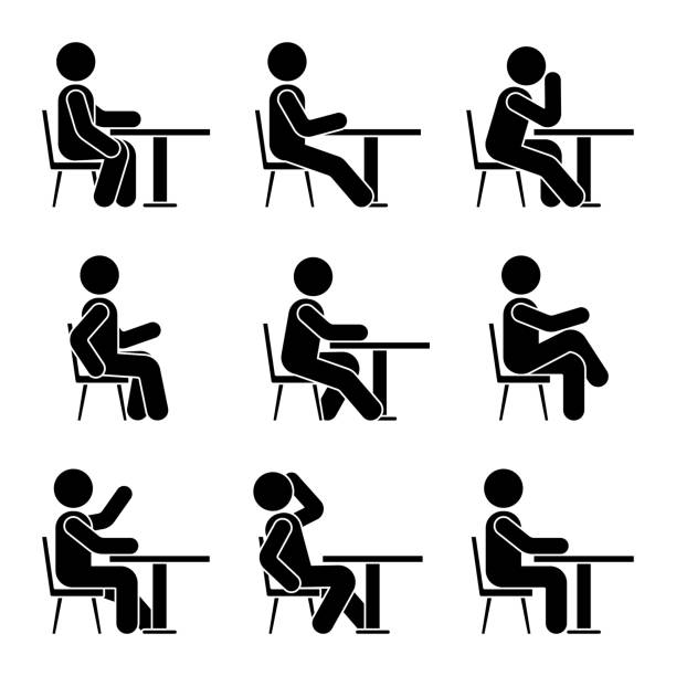Sitting on chair at desk stick figure man side view poses pictogram vector icon set. Boy silhouette seated happy, comfy, sad, tired sign on white background Sitting on chair at desk stick figure man side view poses pictogram vector icon set. Boy silhouette seated happy, comfy, sad, tired sign on white background chairperson stock illustrations