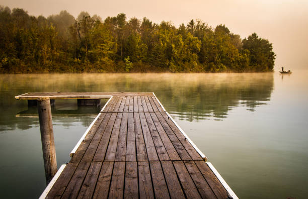 Misty morning at the dock stock photo