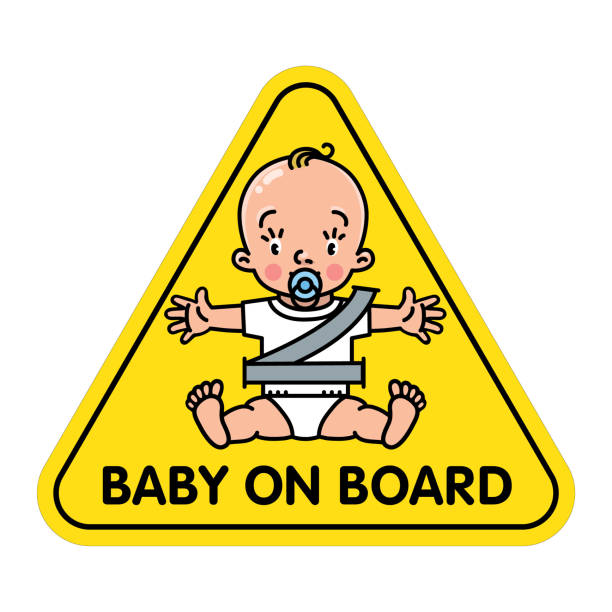 Baby in car seat. Back car window sticker or sign Baby in car. Funny small child, boy or girl with open arms. Seat belt. The sticker on the back window of the automobile. Children vector illustration with text. Baby on board yellow belt stock illustrations