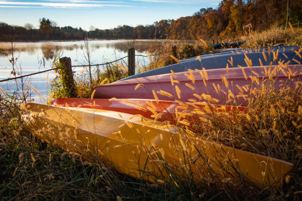Row of colorful canoes in the autumn sun stock photo
