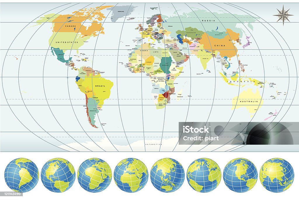 World Map and Globes Vector Political World Map and Set of Blue Shiny Globes. Time Zone stock vector