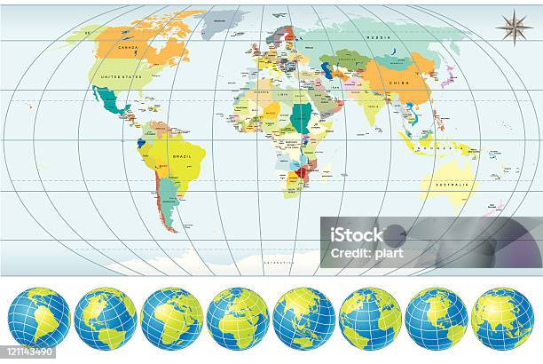 World Map And Globes Stock Illustration - Download Image Now - Time Zone, Globe - Navigational Equipment, Planet - Space