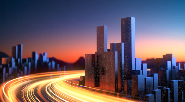 Abstract City With Glowing Light Streaks - Data Stream, Power Supply, Dusk, Dawn, Long Exposure High quality 3D rendered image, perfectly usable for topics related to big data, global networks, international flight routes or the spread of a pandemic / computer virus. architectural model stock pictures, royalty-free photos & images