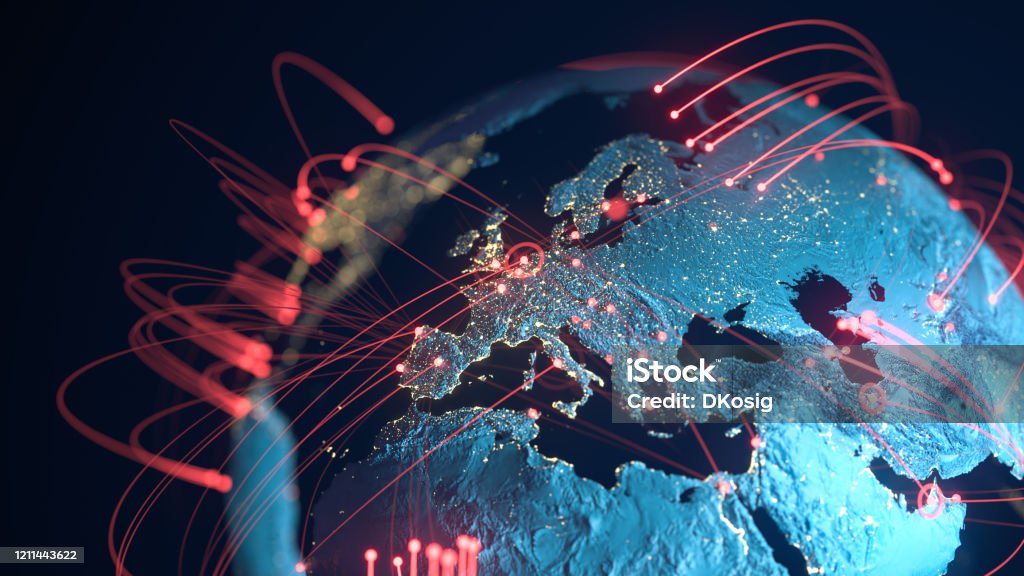 Globale Verbindungsleitungen - Datenaustausch, Pandemie, Computervirus - Lizenzfrei Weltkarte Stock-Foto