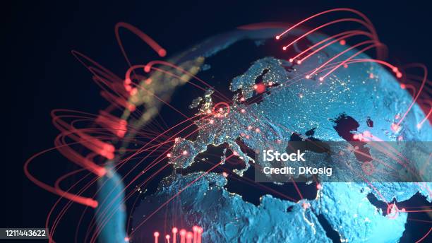 Globale Verbindungsleitungen Datenaustausch Pandemie Computervirus Stockfoto und mehr Bilder von Weltkarte