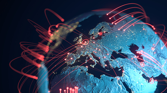 Líneas de conexión globales - Intercambio de datos, pandemia, virus informáticos photo