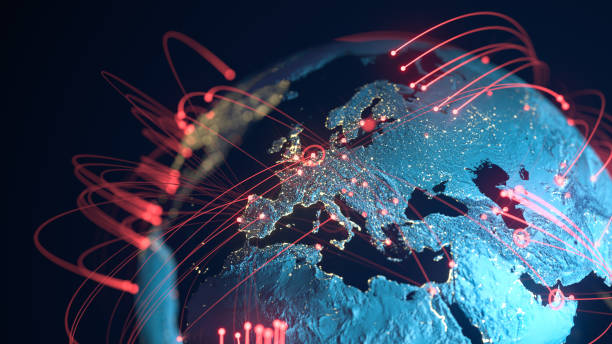 Global Connection Lines - Data Exchange, Pandemic, Computer Virus High quality 3D rendered image, perfectly usable for topics related to big data, global networks, international flight routes or the spread of a pandemic / computer virus.
Textures courtesy of NASA:
https://visibleearth.nasa.gov/images/55167/earths-city-lights,
https://visibleearth.nasa.gov/images/73934/topography spreading photos stock pictures, royalty-free photos & images