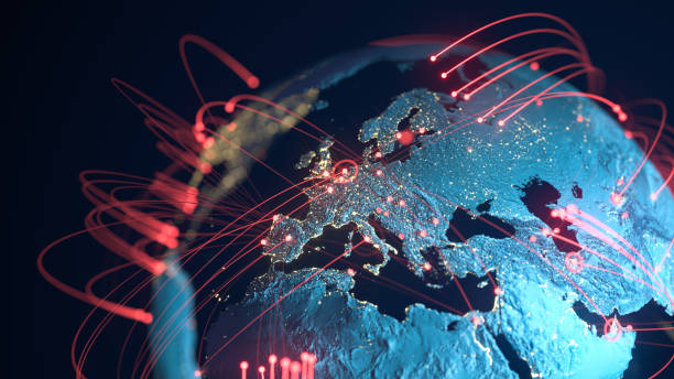 Global Connection Lines - Data Exchange, Pandemic, Computer Virus High quality 3D rendered image, perfectly usable for topics related to big data, global networks, international flight routes or the spread of a pandemic / computer virus.
Textures courtesy of NASA:
https://visibleearth.nasa.gov/images/55167/earths-city-lights,
https://visibleearth.nasa.gov/images/73934/topography globe navigational equipment stock pictures, royalty-free photos & images