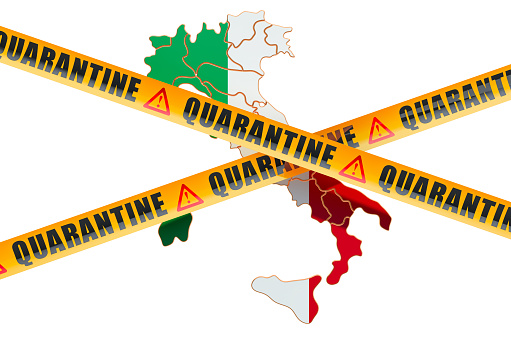 Quarantine in Italy concept. Italian map with caution barrier tapes, 3D rendering isolated on white background