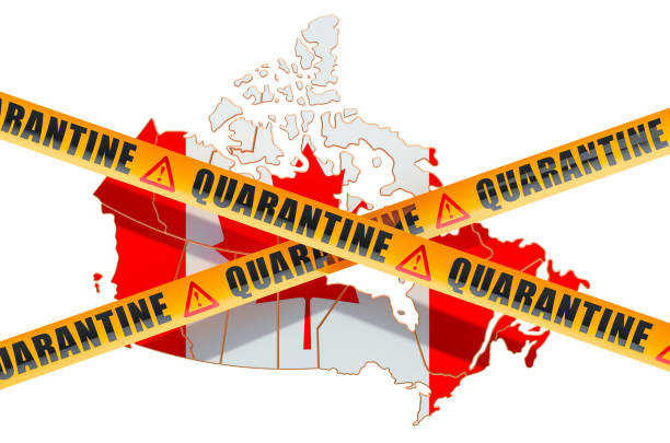 quarantäne in kanada konzept. kanadische karte mit vorsicht barriere bänder, 3d-rendering isoliert auf weißem hintergrund - kordon begrenzung stock-fotos und bilder