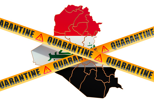 Quarantine in Iraq concept. Iraqi map with caution barrier tapes, 3D rendering isolated on white background