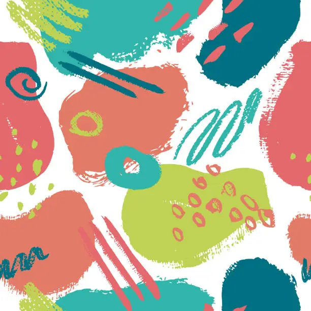 Vector illustration of vector seamless pattern. bright background of abstract color spots, dry brush strokes, dots, lines. design for fabric, textile, Wallpaper, wrapping paper, posters and banners.