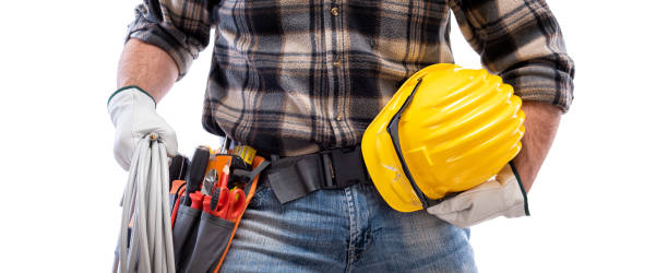 istock Electrician with tool belt on a white background. Electricity. 1211445470