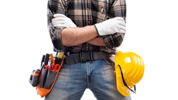 istock Electrician with tool belt on a white background. Electricity. 1211445476