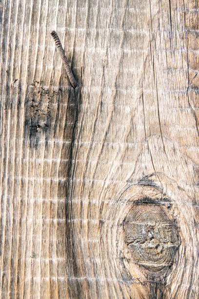 錆びた爪が駆動された素朴な家の古い板の質感、暗いひび割れた結び目と自然な風化した木のパターンをクローズアップ - wood rustic close up nail ストックフォトと画像