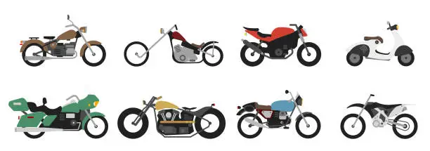 Vector illustration of Set of motorcycle or motorbike, bike or extreme cycle. Retro street scooter and modern cruiser or moped. Collection transports for road racing