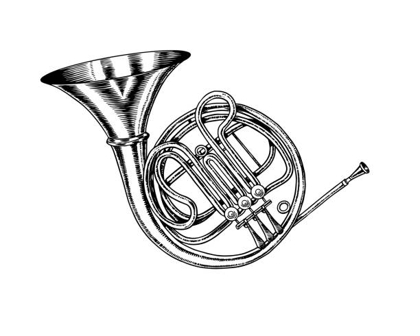 ジャズフレンチホルン、モノクロの刻まれたヴィンテージスタイル。ブルースとラグタイムフェスティバルポスターのための手描きのトランペットスケッチ。音楽的管楽器 - trumpet musical instrument jazz brass instrument点のイラスト素材／クリップアート素材／マンガ素材／アイコン素材