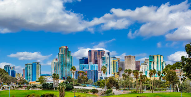 Cityscape with skyscrapers of San Diego Skyline, Ca San Diego is a city on the Pacific coast of California known for its beaches, parks and warm climate. Immense Balboa Park is the site of the renowned San Diego Zoo, as well as numerous art galleries, artist studios, museums and gardens. A deep harbor is home to a large active naval fleet, with the USS Midway, an aircraft-carrier-turned-museum, open to the public san diego photos stock pictures, royalty-free photos & images
