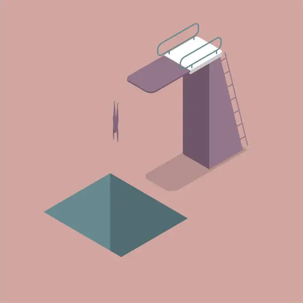 Vector illustration of A man jumps into a trap through a diving platform.