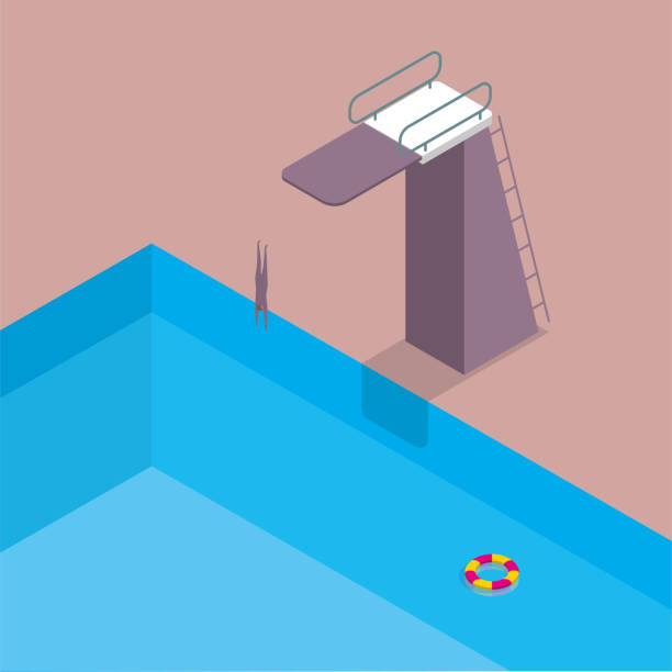 다이빙 훈련 장소, 수영장에 뛰어 남자는 물에서 생활 부표. - lifeguard swimming pool summer swimming stock illustrations