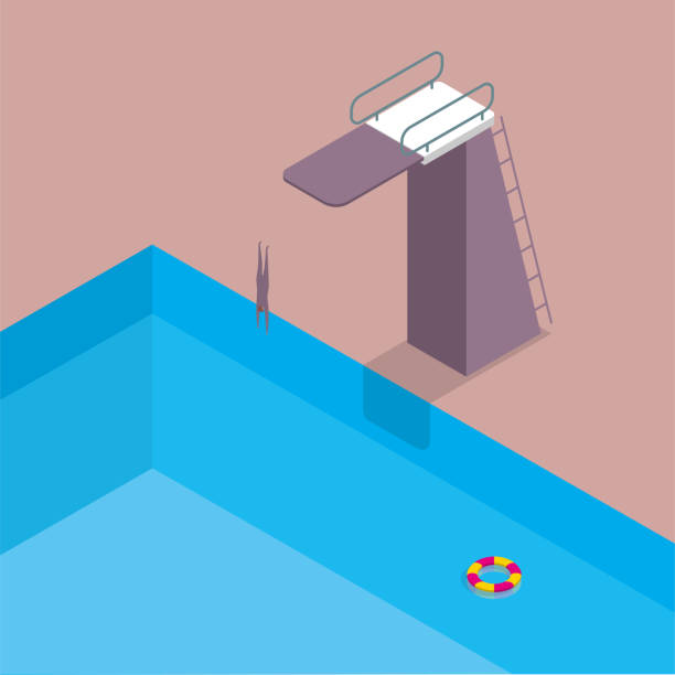 The diving training venue,a man jumping into a swimming pool ,life buoy in the water. The diving training venue,a man jumping into a swimming pool ,life buoy in the water,surrealistic design.The background is brown. diving into pool stock illustrations