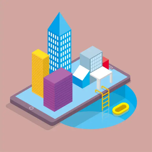 Vector illustration of The city building is on the phone, the phone is above the circular swimming pool, and the kayak is in the water.