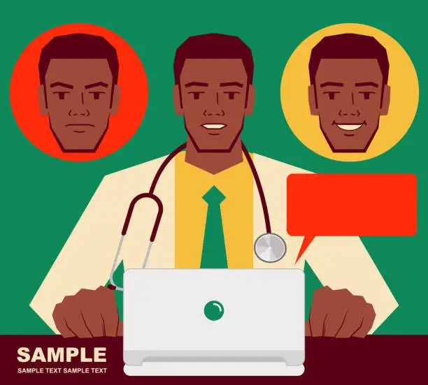 Vector illustration of Young handsome African-American ethnicity doctor uses Laptop and gives you a advice, with three emotional faces for designing