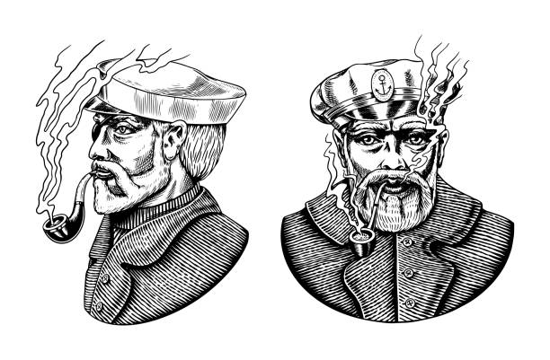 Sea captain, marine old sailor with pipe or bluejacket, seaman with beard or men seafarer. Travel by ship or boat. Engraved hand drawn in old boho sketch
