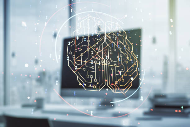 istock Creative artificial Intelligence concept with human brain hologram on modern laptop background. Multiexposure 1211456154