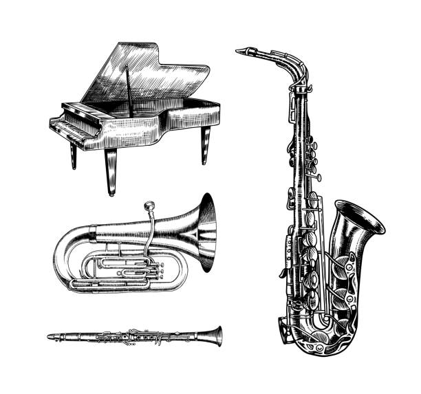 jazzowe klasyczne instrumenty dęte. musical saxophone tuba i fortepian. ręcznie rysowane monochromatyczne grawerowane vintage szkic - drum & bass stock illustrations