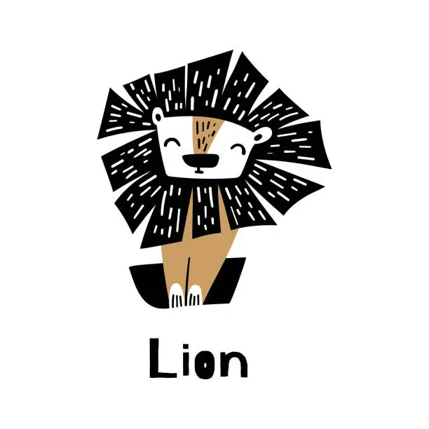 Vector illustration of Cute cartoon lion in simple scandinavian style