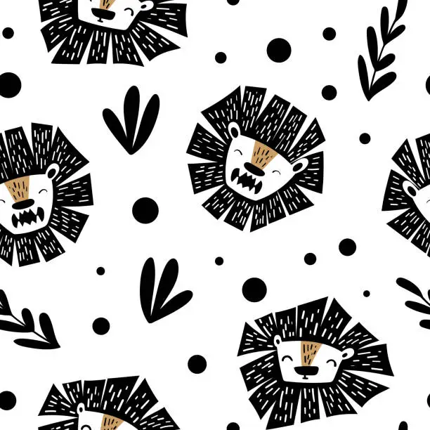 Vector illustration of Seamless pattern with cute cartoon lion