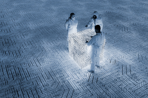 Conceptual image of futuristic scientists working. This is entirely 3D generated image.