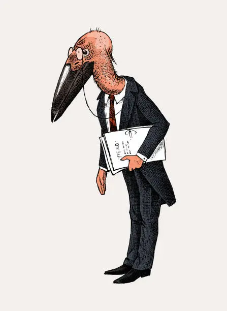 Vector illustration of Marabou character. Bird man or Lawyer in a classic office suit with documents. Hand drawn fashionable stork. Engraved old monochrome sketch