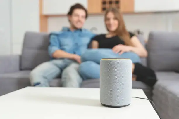 Photo of Couple talking command to smart speaker