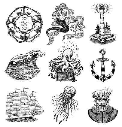 Nautical adventure set. Sea lighthouse, mermaid and marine captain, octopus and shipping sail, old sailor, ocean waves, seaman and lifebuoy. Hand drawn engraved old sketch