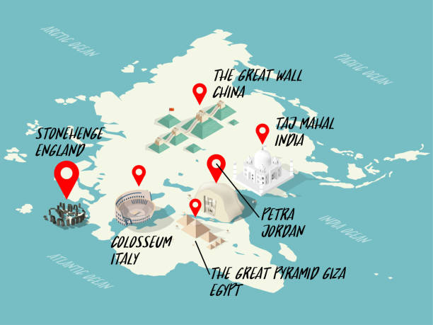 ilustrações de stock, clip art, desenhos animados e ícones de info graphic illustration vector isometric design concept of wonders of the world on world map: colosseum, great wall, petra, taj mahal, great pyramid of giza, stonehenge - petra