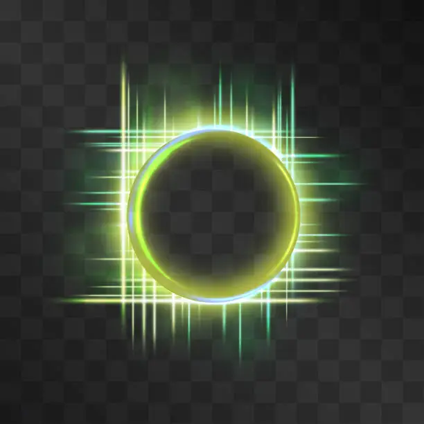 Vector illustration of Light effect circle frame with green neon laser, glowing peaky tail of shining streams and lines, mystic haloillumination. Foggy scary light rings flow in motion portal. Luxurious hypnotic element.