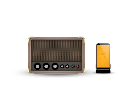 Illustration vector of wireless vintage speaker connected to smart mobile phone, modern music appliance design concept.