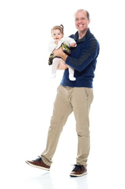 Full length of aged 30-39 years old single father in front of white background who is feeling love