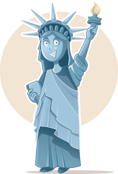 ilustrações, clipart, desenhos animados e ícones de caricatura vetorial da estátua da liberdade celebrando o dia da independência - statue manhattan monument flaming torch