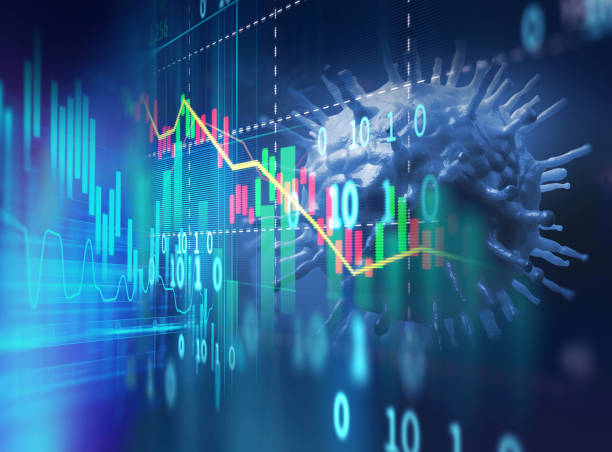 abwärtstrend finanzdiagramm auf ncov corona virus mikroskop bild, 3d abbildung - graph stock-fotos und bilder