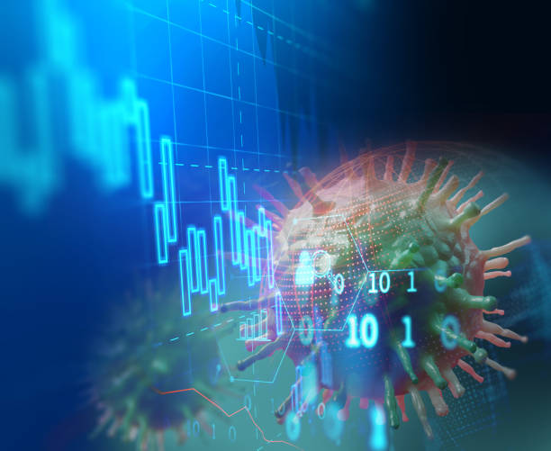 istock Down trend financial graph on nCov corona virus microscope image ,3d illustration 1211470558